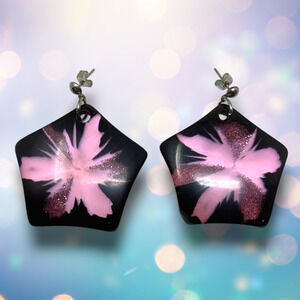 Vintage 1980's Painted Pink Wood Dangle Earrings Pierced Modernist New Wave